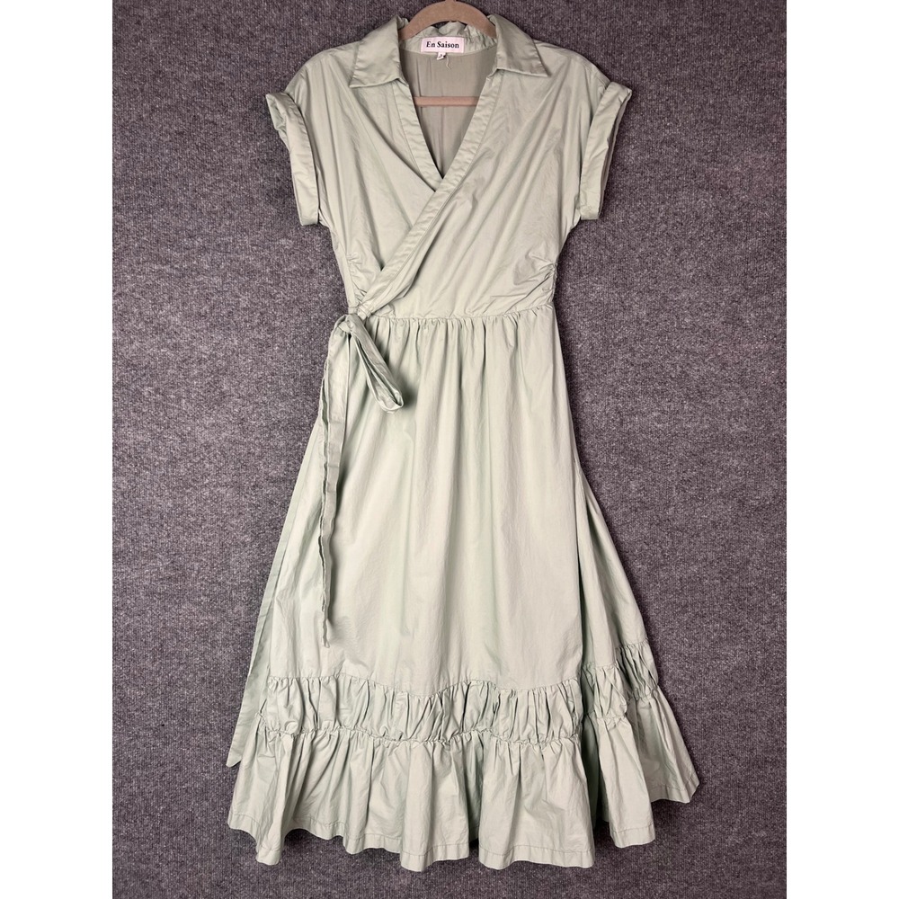 En Saison Wrap Dress Womens S Sage Green Cotton Midi Ruffle Hem Tie